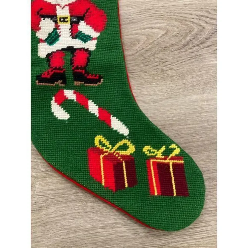 Vintage Needlepoint Santa Christmas Stocking Green Red 17